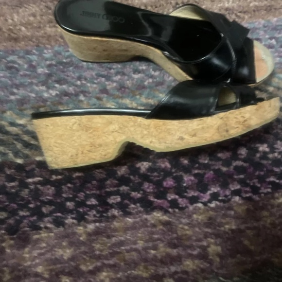 Jimmy Choo Patent Leather Metal Logo Slide Sandal Shoe Cork Wedge Platform - Picture 5 of 11